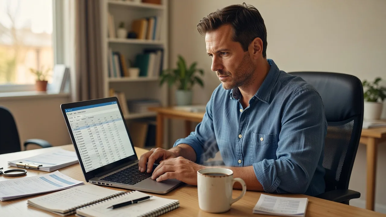 Ray Stevenson reviewing menu price data on a laptop