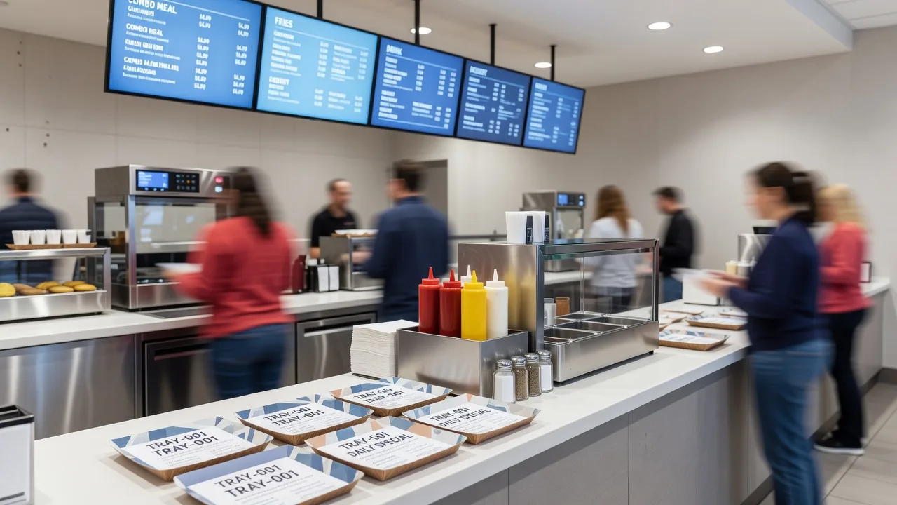 Fast-food restaurant counter with overhead menu displays