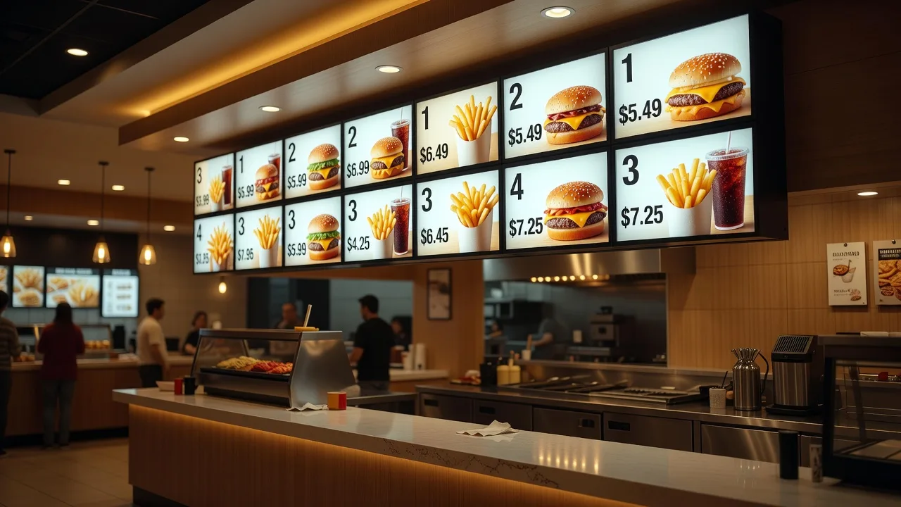 Illuminated fast-food restaurant menu board displaying combo meals and prices